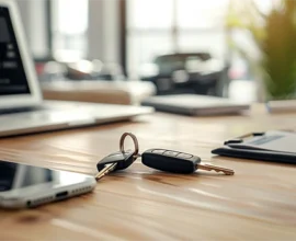 Desktop with a phone, computer and car keys