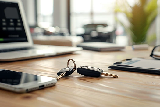 Desktop with a phone, computer and car keys
