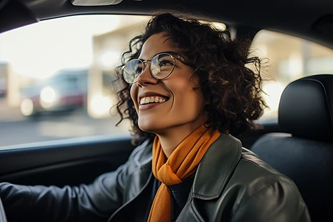 Woman smiling in the driver seat of a car