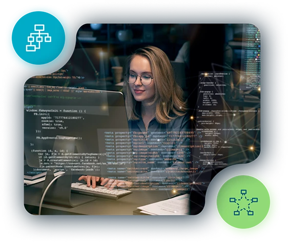 Woman working on a computer with code and network graphics displayed, representing Odessa and its host of API integrations.