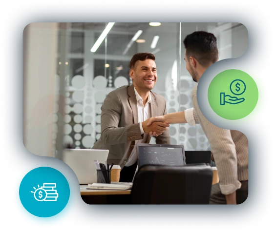 Professionals shaking hands over a laptop filled with data, illustrating Odessa’s leading role in bank asset finance.