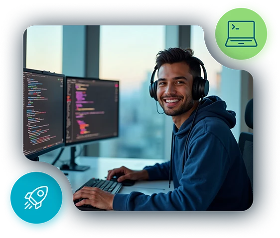 Smiling developer working on dual monitors with code displayed, representing Odessa's low-code platform.