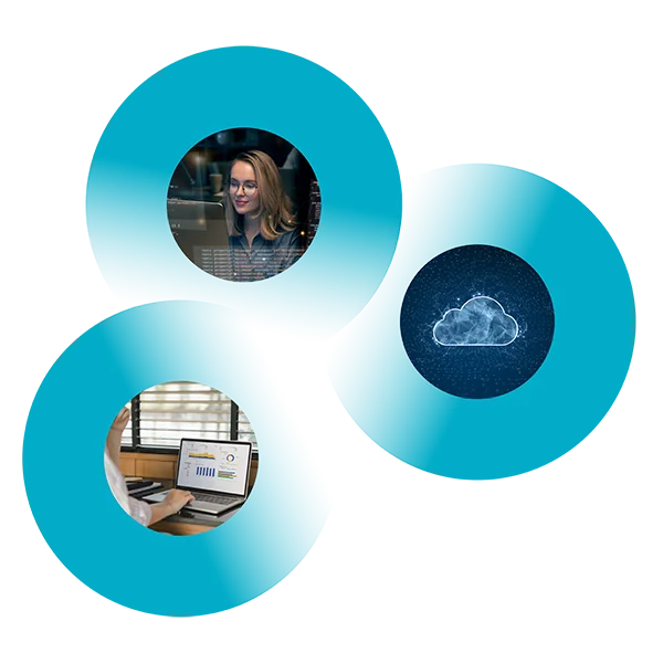 Collage of coding, cloud, and data analysis, highlighting Odessa’s asset finance platform technology.